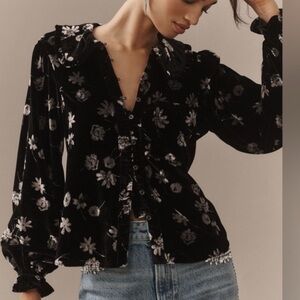 Anthropologie Pilcro The Keira Collared Button-Front Blouse: Long-Sleeve Velvet